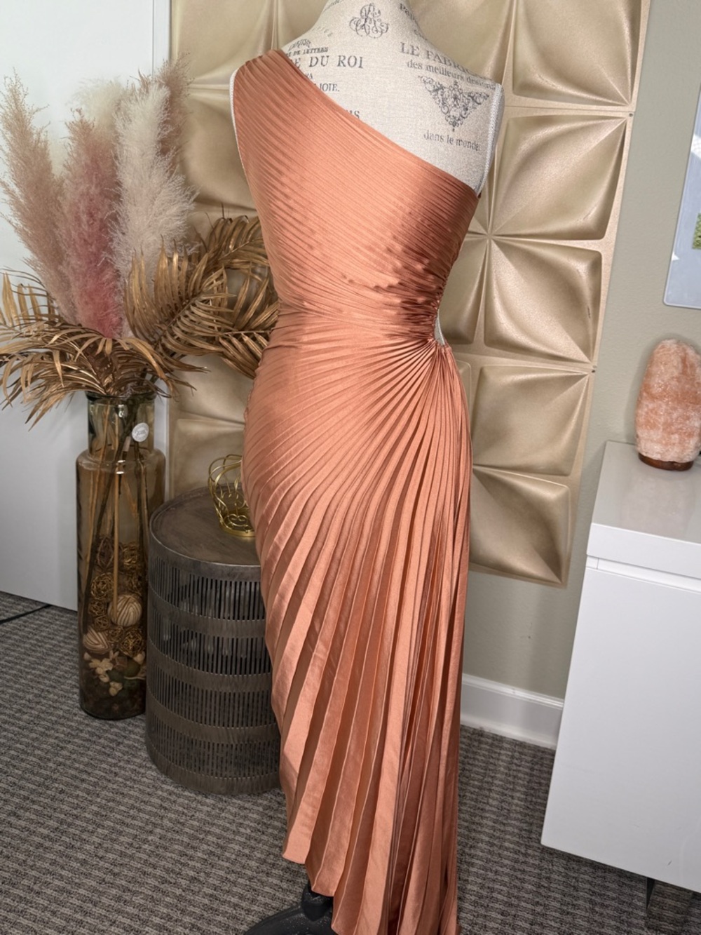 A.L.C. One-Shoulder Pleated Satin Dress in Copper